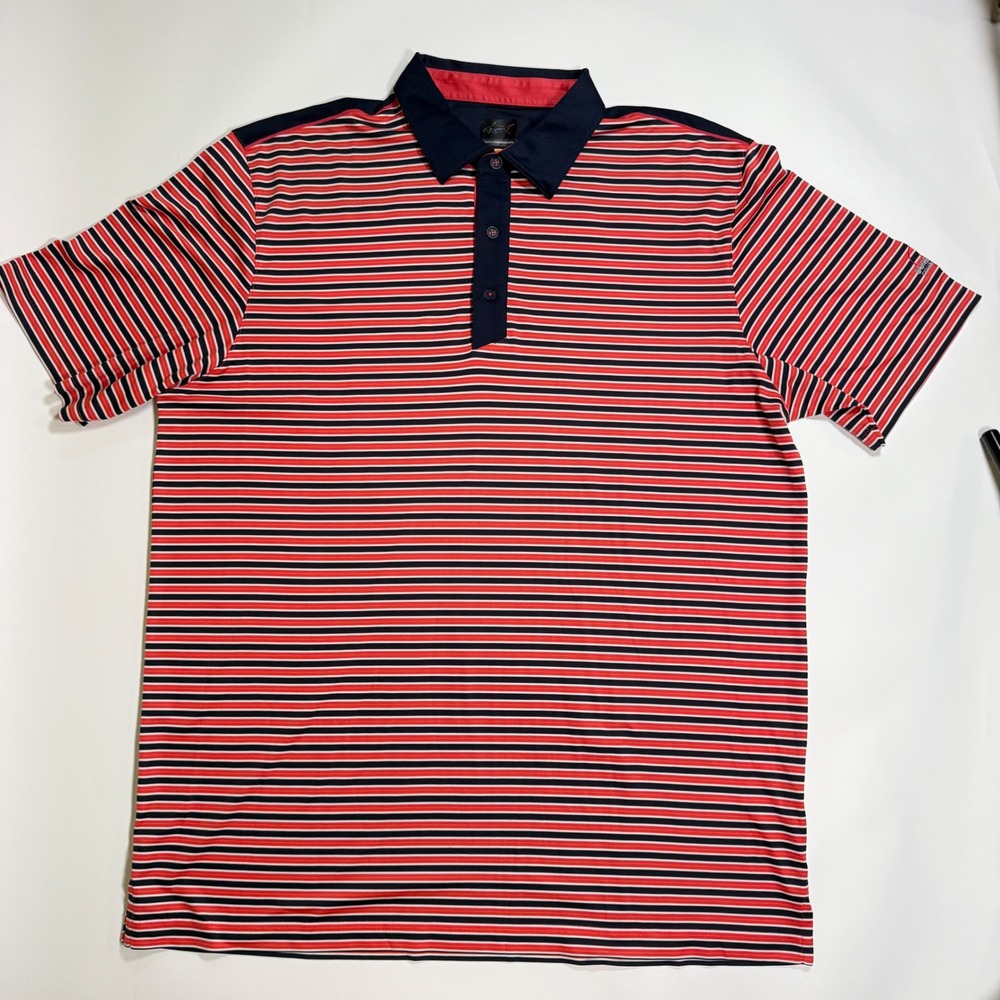Greg Norman Polo Shirt Mens XL Red Blue Striped Good Play Dry‎ Golf TL107589